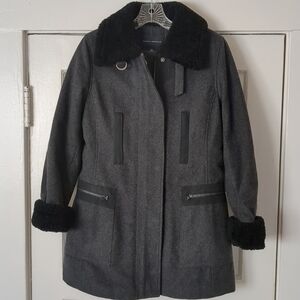 Vtg Banana Republic Wool Coat‎ Italian Shearling Collar Insulated Sm Gray Black